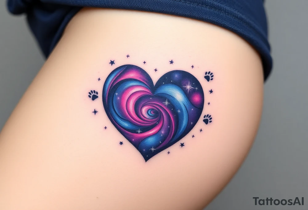 A galaxy-themed heart, filled with swirling deep purple, magenta, and navy blue, dotted with tiny white stars for a mesmerizing space feel and cat paw prints around tattoo idea