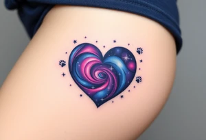 A galaxy-themed heart, filled with swirling deep purple, magenta, and navy blue, dotted with tiny white stars for a mesmerizing space feel and cat paw prints around tattoo idea