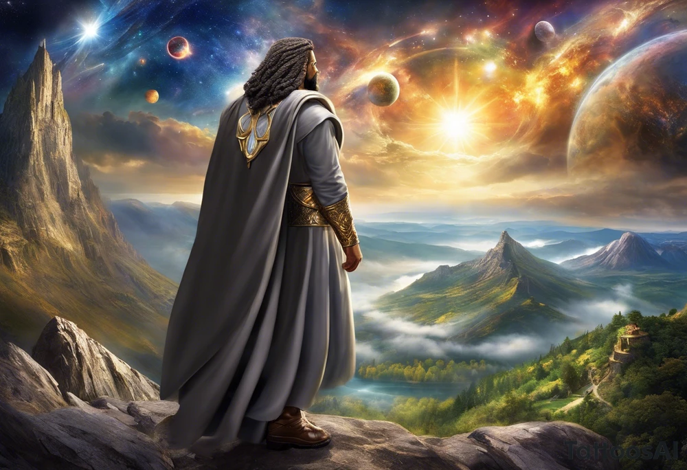 Jehovah looking out at the marvels of his creation from the atoms to the galaxy and celestial beings. With grey wash and a fantasy theme. Jehovah has to be a character who is so majestic, charismatic, immensely powerful. There isnt a single thing he isnt capable of doing. Infinitely powerful forward facing. Without the pagan styled attire and without the pagan symbols etceterashirtless, large muscular athletic physique, deep muscle definition tattoo idea