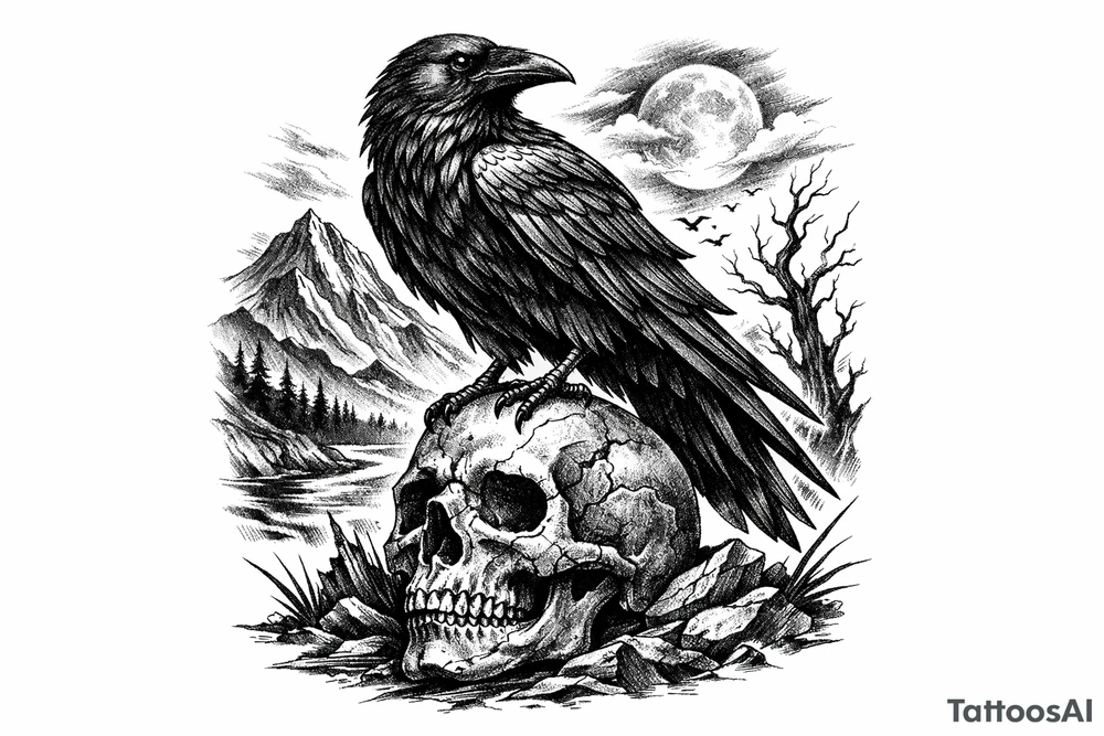a raven standing on a skull, landscape. tattoo idea