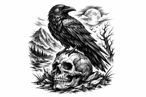 a raven standing on a skull, landscape. tattoo idea