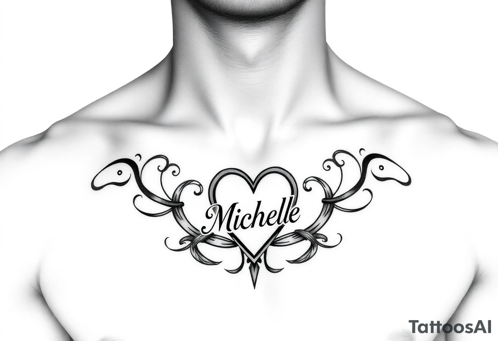 Design a tattoo for a man’s chest of a woman’s name (Michelle). Incorporate a subtle Irish Claddagh. Have the name Michelle separate to the heart. tattoo idea