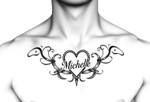 Design a tattoo for a man’s chest of a woman’s name (Michelle). Incorporate a subtle Irish Claddagh. Have the name Michelle separate to the heart. tattoo idea