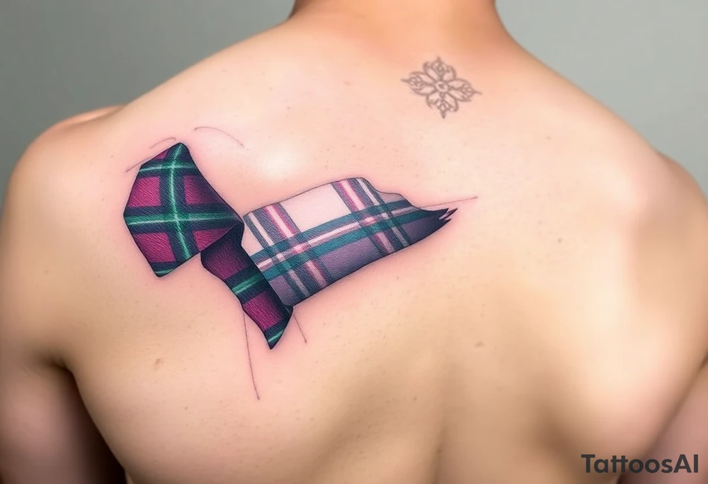 Dark Purple with green pink blue and white highlights tartan fabric with skin around edges peeling and wrapping around side of shoulder tattoo idea