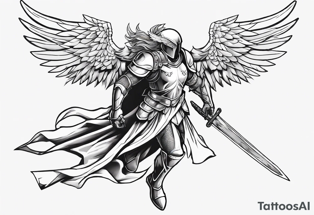 A winged angel wearing armor that is in mid-air with his two-handed sword about to attack in isometric view. tattoo idea