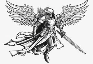 A winged angel wearing armor that is in mid-air with his two-handed sword about to attack in isometric view. tattoo idea