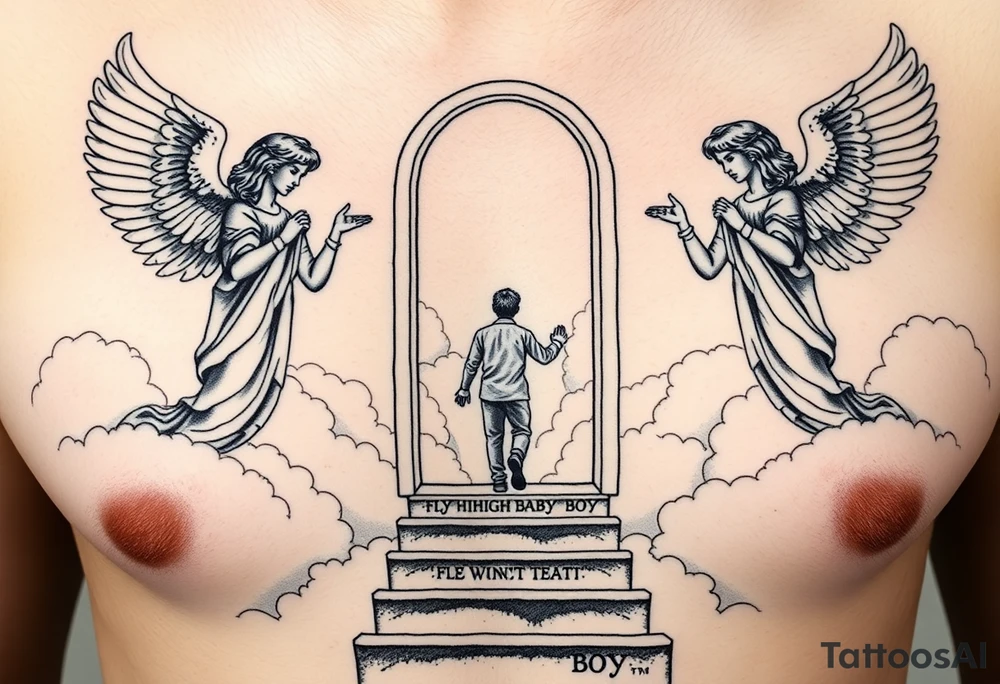 3 angels holding open the gates of heaven with the male figure walking up the steps.Saying fly high baby boy Realistic angels With clouds in the background and I won't text that I fly hi.Gh baby boy chess fully covered tattoo idea