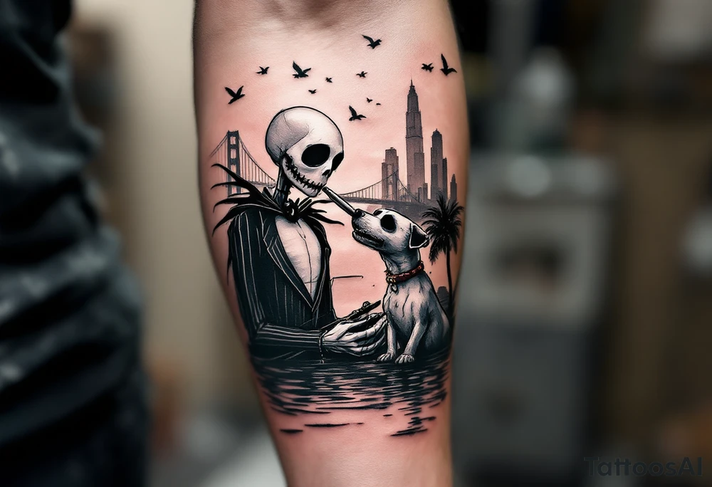 jack skellington with dog,smoking a blunt and fishing,surrounded by city buildings,golden gate bridge, birds, palm trees, tattoo idea