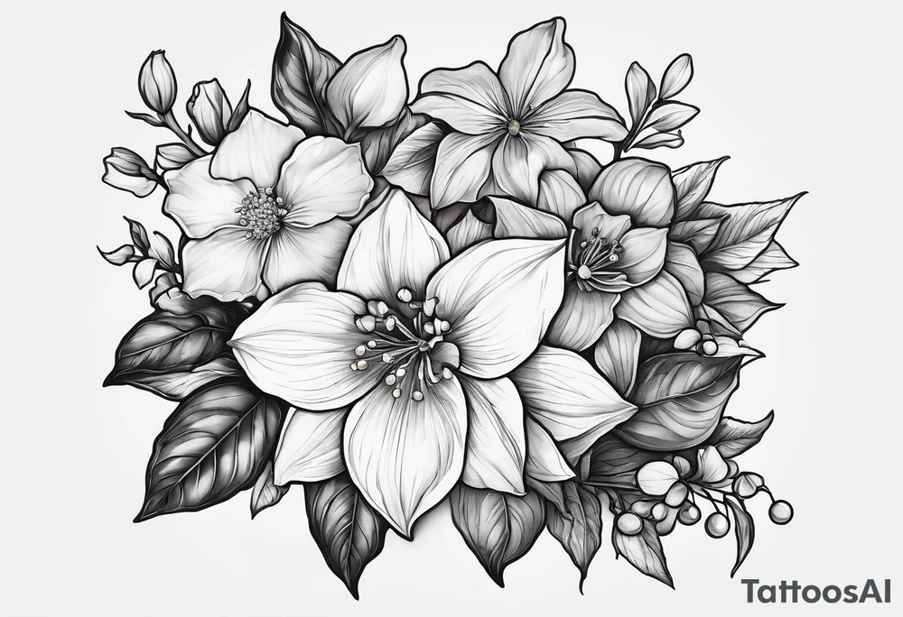 Hydrangea, Narcissus, Poinsettia, Holly, Gladiolus, Poppy, Daisy, Sweet Pea floral tattoo idea