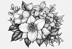 Hydrangea, Narcissus, Poinsettia, Holly, Gladiolus, Poppy, Daisy, Sweet Pea floral tattoo idea