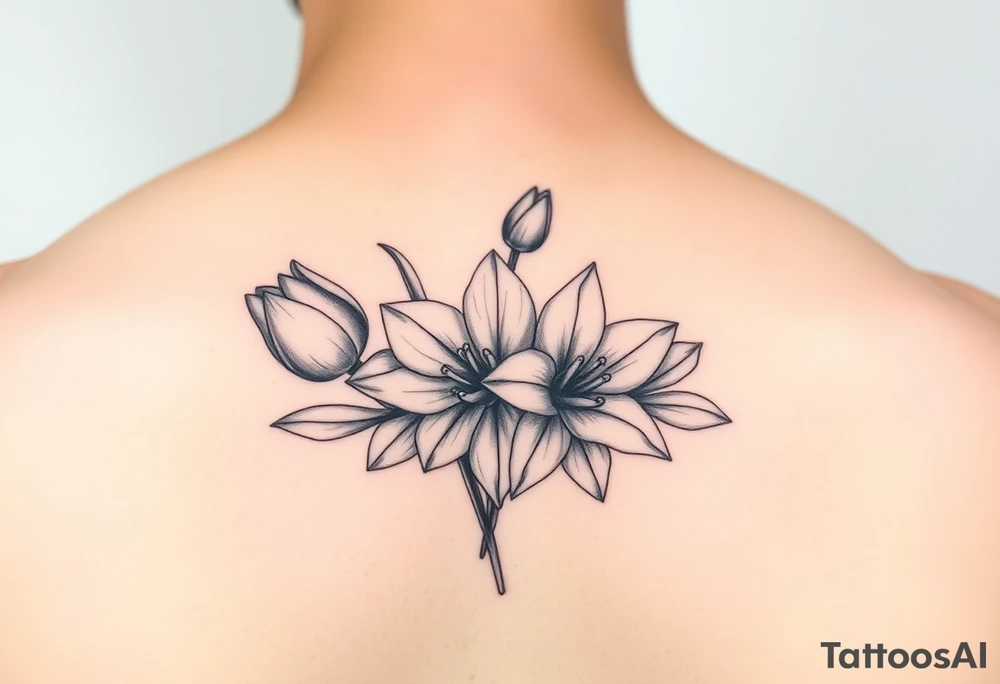 tulips, lily and daffodil clustered together tattoo idea