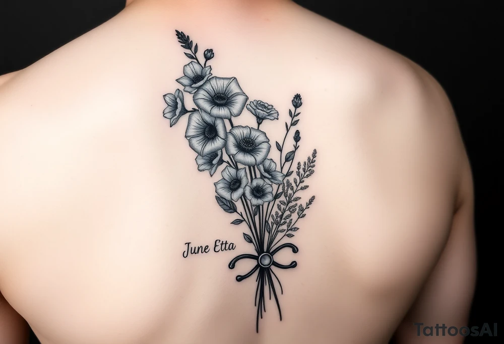 6 inches tall by 4 inches wide approximately, black and white tattoo with a bouquet of hollyhocks, one wild rose, and two wild flowers, include a stethoscope along the side without putting it into the bouquet and the name June Etta , make the tattoo taller than it is wide, make the bouquet have a bow towards the bottom holding the flowers like they had just been picked from the garden still with the stethoscope along the side tattoo idea