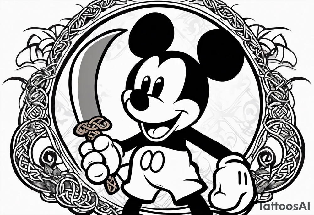 mickey mouse holding a karambit in one hand and a stick in the other hand with palm trees and the celtic symbol for family tattoo idea