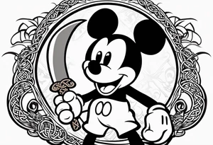 mickey mouse holding a karambit in one hand and a stick in the other hand with palm trees and the celtic symbol for family tattoo idea
