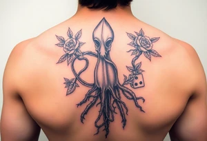 squid, knight intertwined with roses and tree roots rolling dice tattoo idea