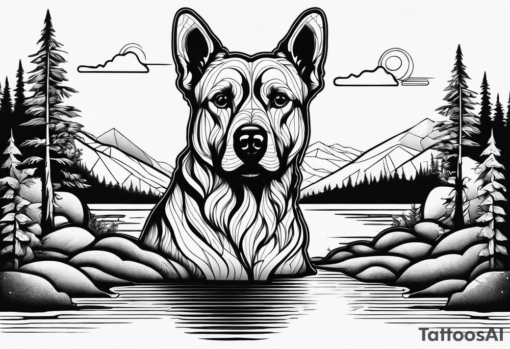 Scenic River in a dog shaped head tattoo idea