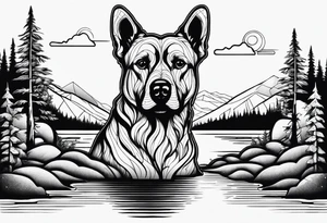 Scenic River in a dog shaped head tattoo idea