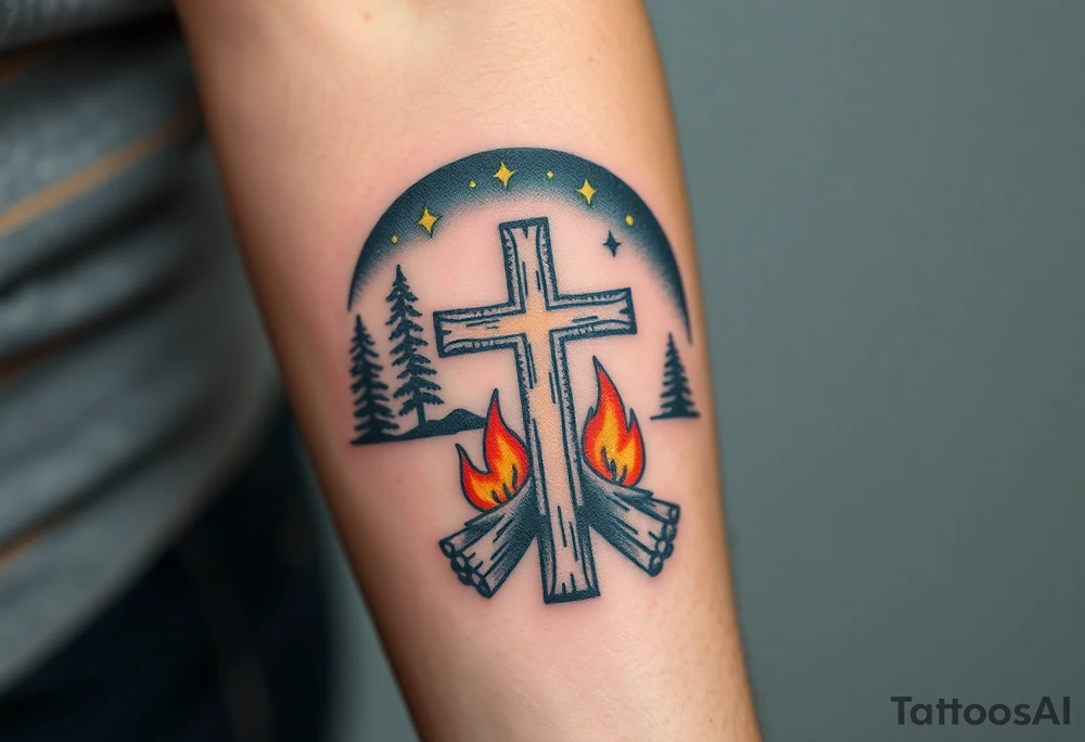 Campfire with cross include the great outdoors and night sky make sure cross doesn't look like it is on fire tattoo idea