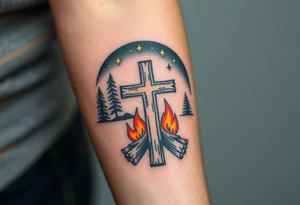 Campfire with cross include the great outdoors and night sky make sure cross doesn't look like it is on fire tattoo idea
