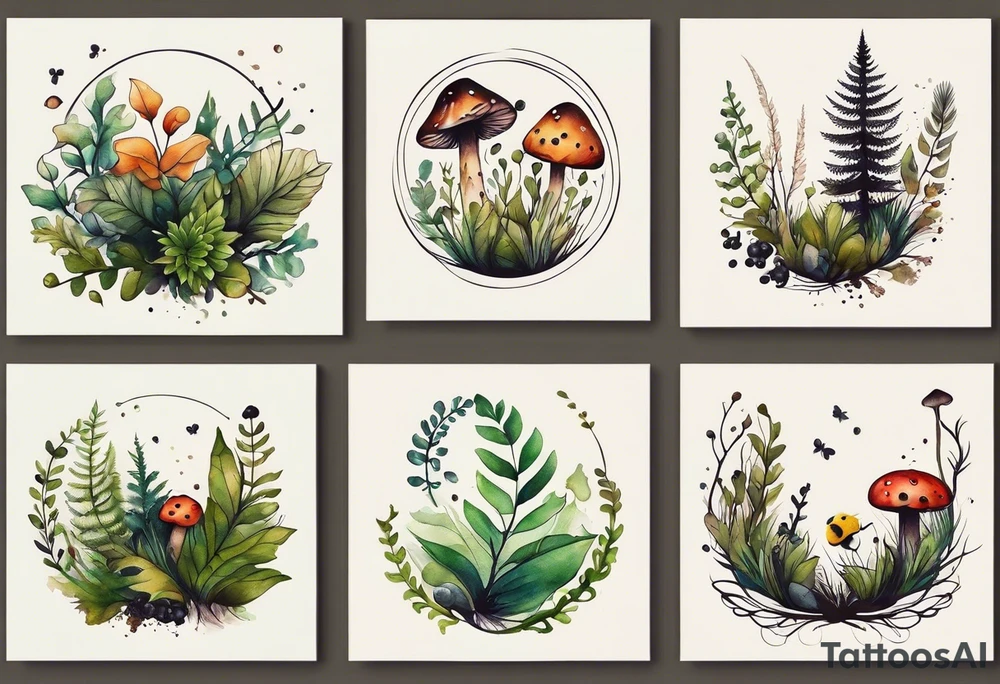 forest floor inspired minimalist tattoo, which includes grass, curly ferns, moss and dead leaves as the bulk of the tattoo. details to include: forest berries, a tiny bumblebee flying nearby, three small brown mushrooms
Generate a vertically long one tattoo idea