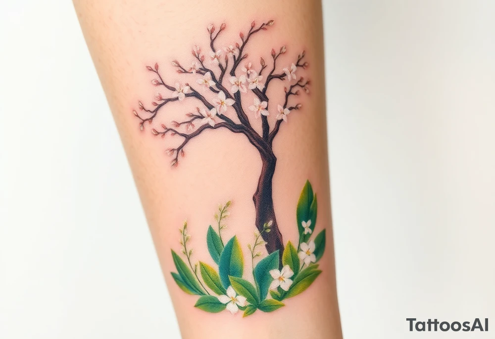 Lilly of the vally plants on the ground underneath a blooming hawthorn tree tattoo idea
