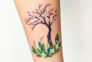Lilly of the vally plants on the ground underneath a blooming hawthorn tree tattoo idea