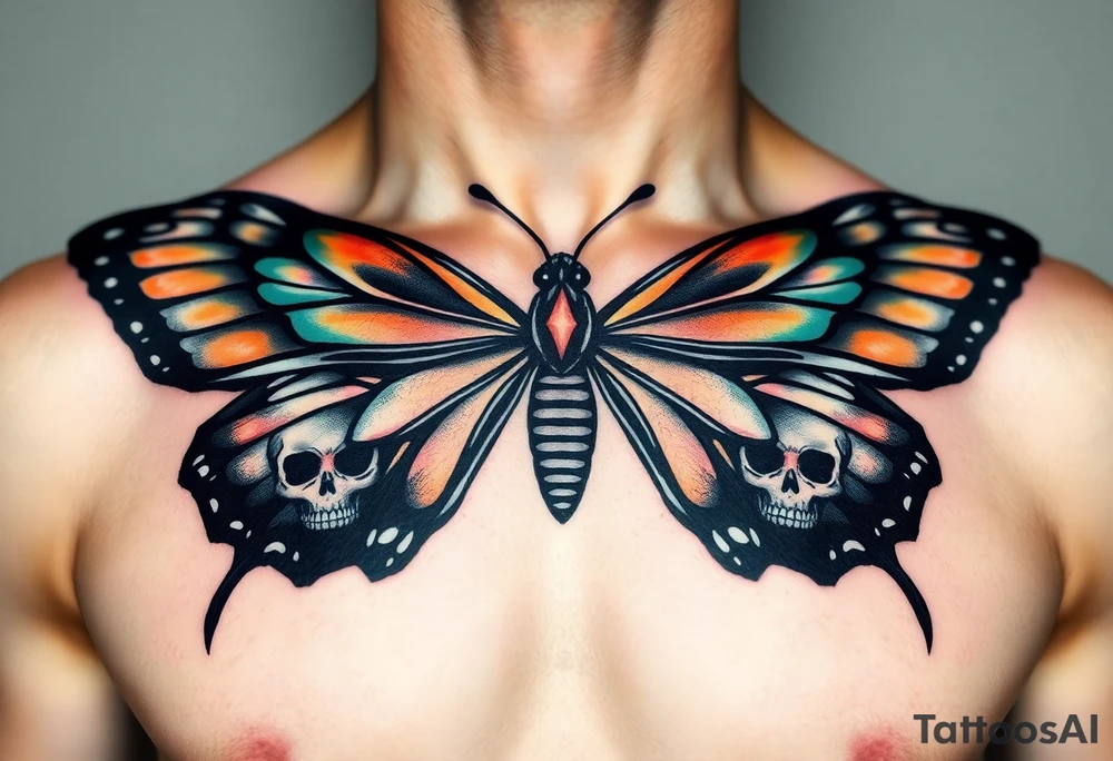 evil powerful majestic and dark monarch butterfly with  graffiti skull detail as the body hidden skulls in wings, skull detail making the body of the butterfly with a horror style effect, including aqua, light orange and green colouring
placement on chest at collarbone tattoo idea