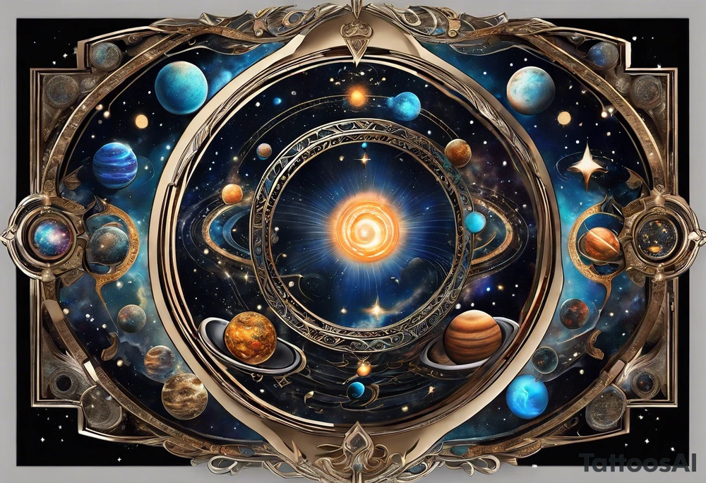 A tattoo featuring a cosmic scene with planets, black holes, and supernovae intertwined with intricate linguistic symbols, reflecting the client's interests in cosmology and linguistics. tattoo idea