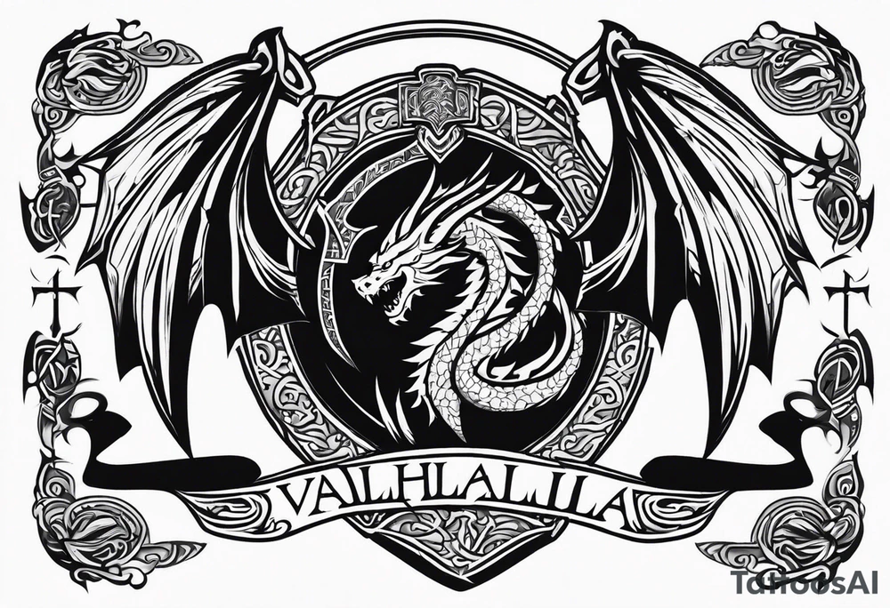 Valhalla sword shield dragon axe tattoo idea