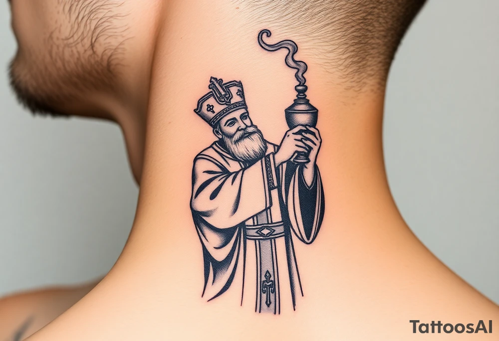 Russian Orthodox Priest in fully detailed vestment swinging a censer with smoke curling upward tattoo idea