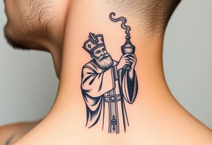 Russian Orthodox Priest in fully detailed vestment swinging a censer with smoke curling upward tattoo idea