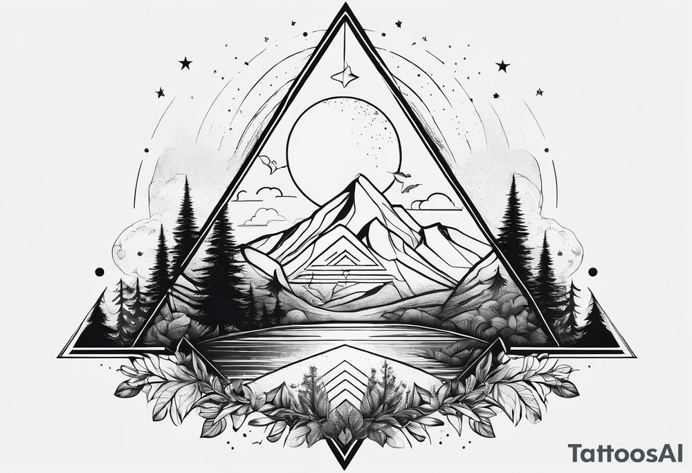 thick line art of space and nature in triangle shape tattoo idea