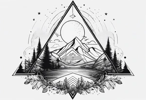 thick line art of space and nature in triangle shape tattoo idea
