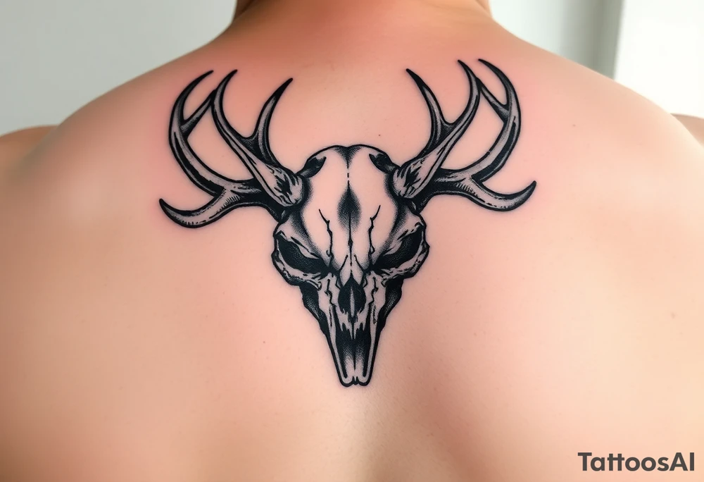 Gory skull with deer antlers tattoo idea