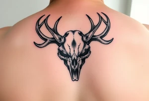 Gory skull with deer antlers tattoo idea