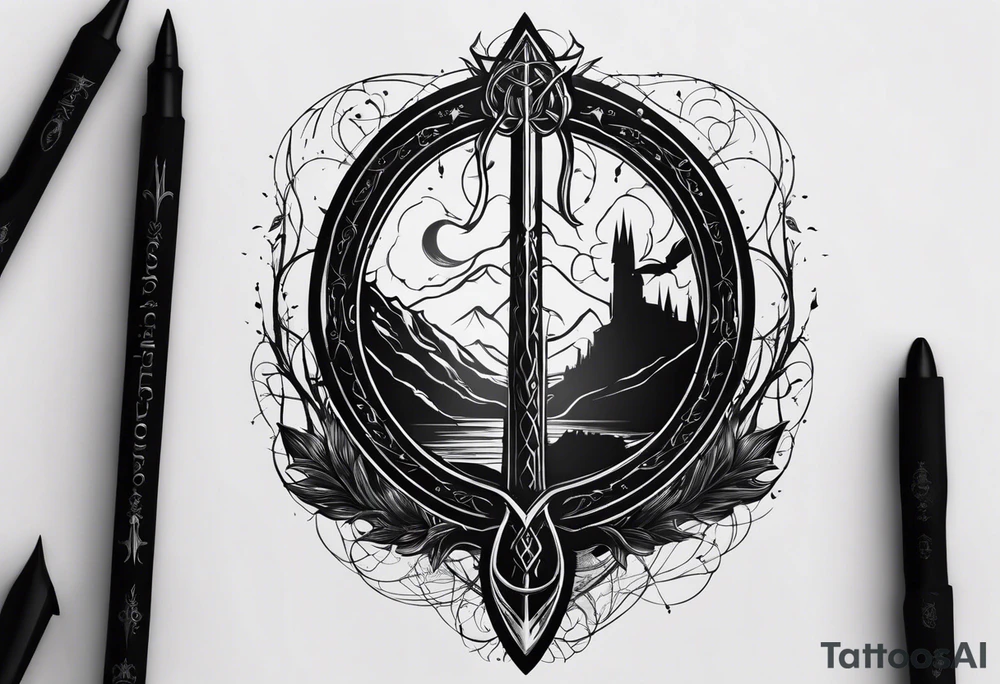 Lord of the rings with Harry Potter incorporated but clear visual of both movies. Small and minimal. Something like the deathly hallows symbol made out of swords and wizard staff from LOTR tattoo idea