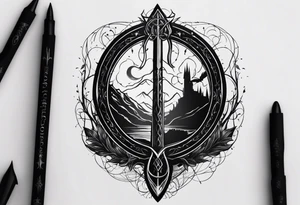 Lord of the rings with Harry Potter incorporated but clear visual of both movies. Small and minimal. Something like the deathly hallows symbol made out of swords and wizard staff from LOTR tattoo idea