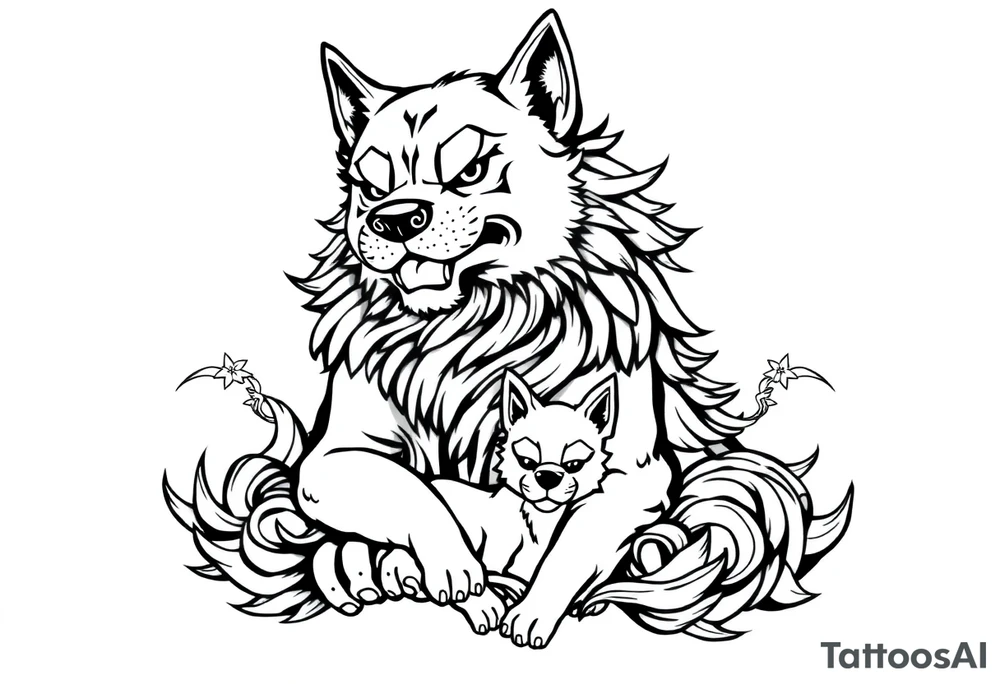 Japanese Fô dog with baby Fô dog under her paw with wind elements around tattoo idea