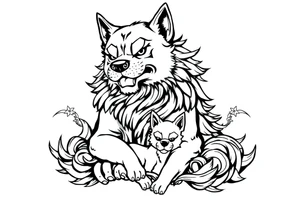 Japanese Fô dog with baby Fô dog under her paw with wind elements around tattoo idea