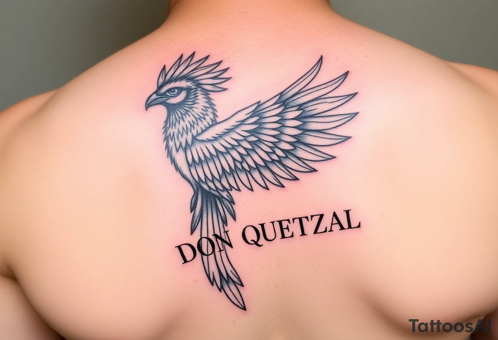 powerful majestic quetzal bird with long feathers and letters DON QUETZAL. full colors tattoo idea