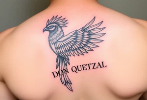 powerful majestic quetzal bird with long feathers and letters DON QUETZAL. full colors tattoo idea