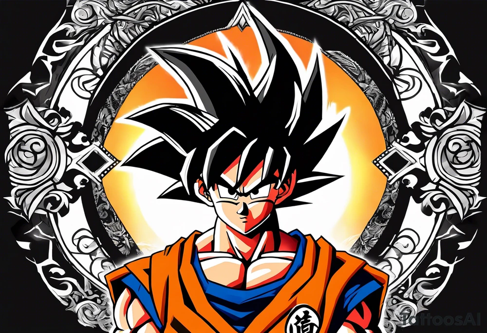 Son-Goku as a super saiyajin is in the middle and black Silhouettes of Gokus friends are surrounding him and covering his back tattoo idea