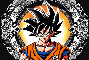 Son-Goku as a super saiyajin is in the middle and black Silhouettes of Gokus friends are surrounding him and covering his back tattoo idea