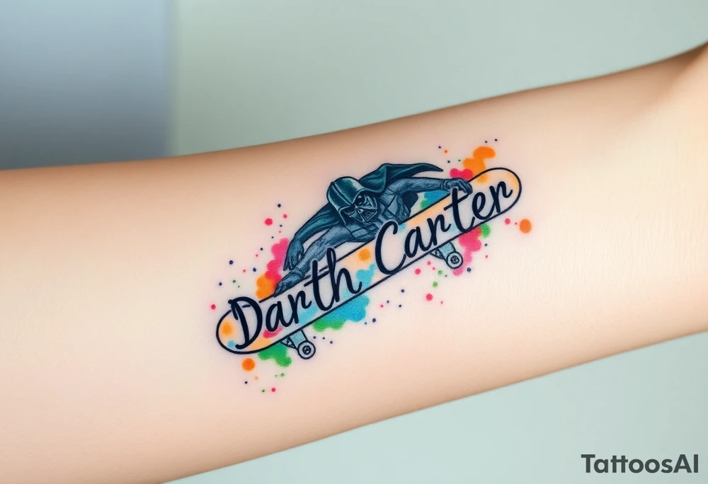 Darth Vader skateboarding > memorial in heaven > bullets
colorful
skateboard words "Darth Carter"
add date 12/29/88-01/06/24 tattoo idea