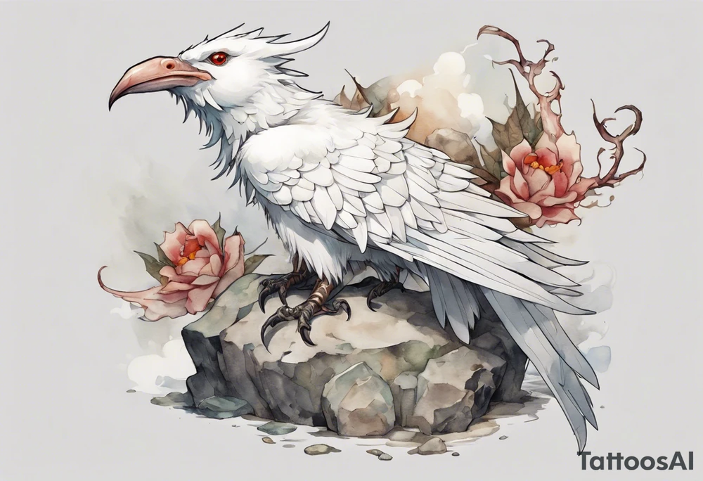 a white bird-wyvern hybrid, wearing a plain iron crown on head, perched on a stone tattoo idea