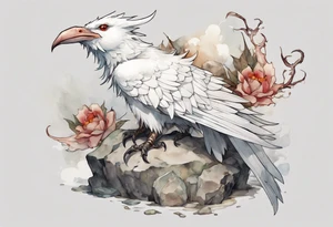 a white bird-wyvern hybrid, wearing a plain iron crown on head, perched on a stone tattoo idea