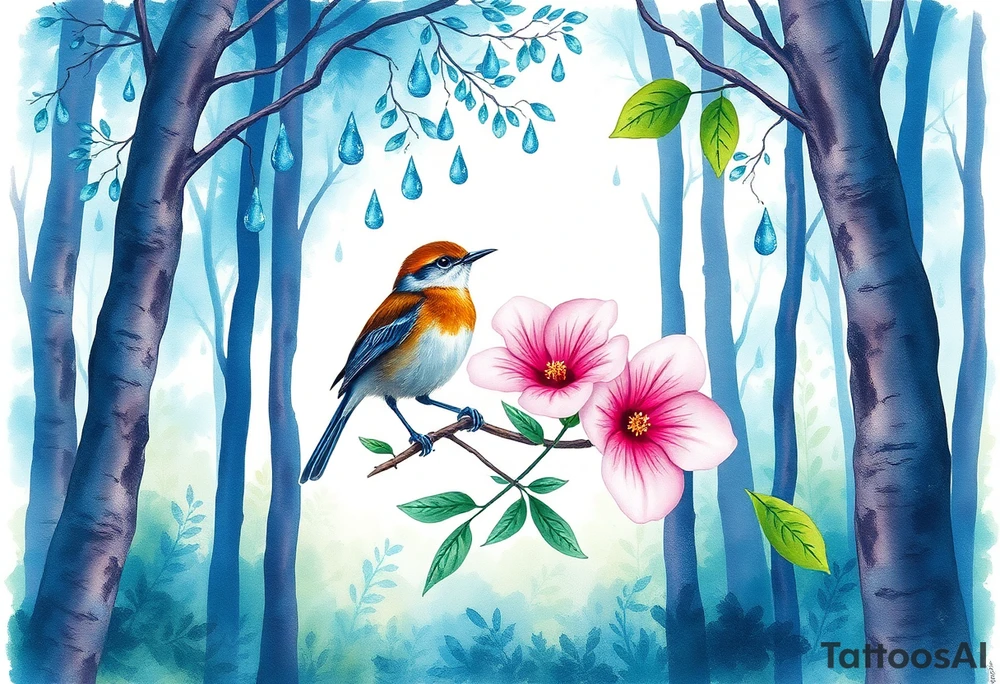 forest trees background
blue rain drops
pink camelia flower
blue and brown wren bird tattoo idea