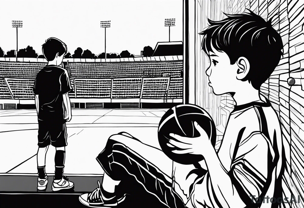 Draw me a young boy, with a football in his hand, looking over a wall to see a football field, he's over the school books to see over the wall tattoo idea