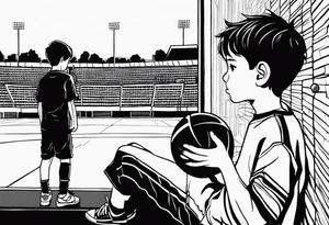 Draw me a young boy, with a football in his hand, looking over a wall to see a football field, he's over the school books to see over the wall tattoo idea