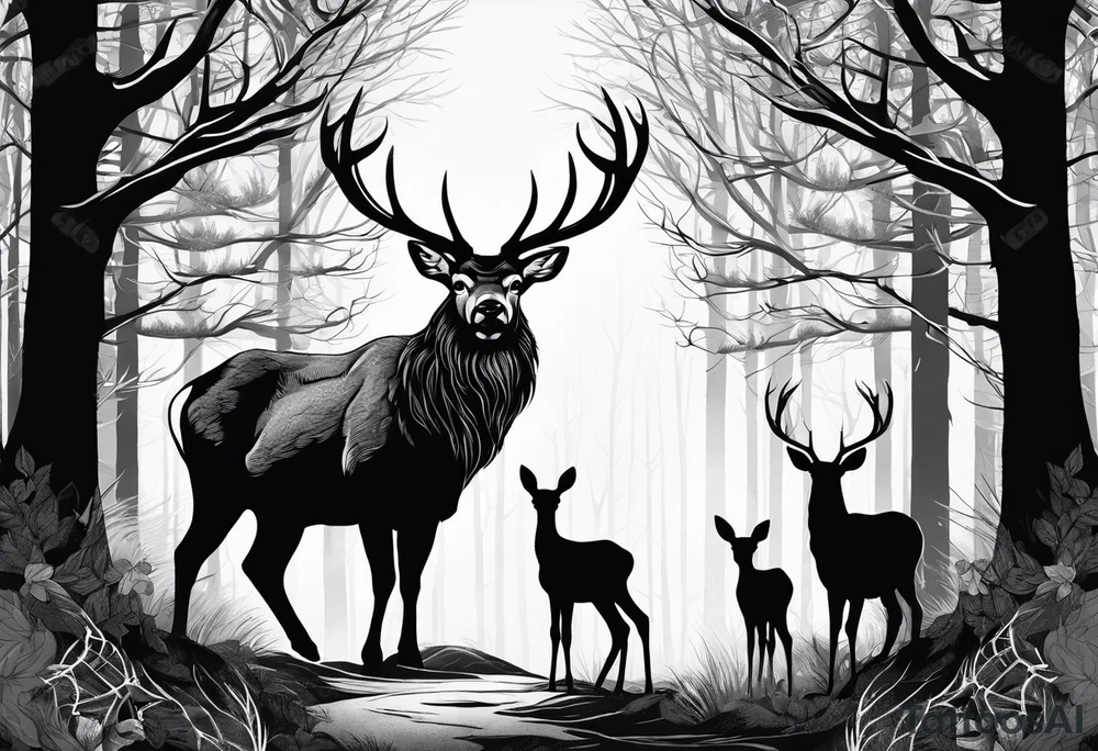 a large majestic male with large antlers, a graceful female and a small fawn. In the background, majestic trees, such as spruce and birch, tattoo idea